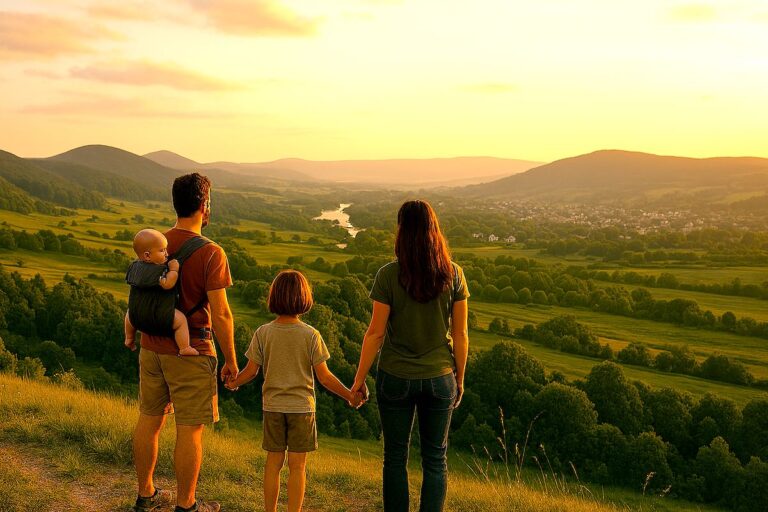 Familia con dos niños mirando al horizonte, símbolo de crianza consciente y preparación para el futuro – Pequeños Horizontes podcast