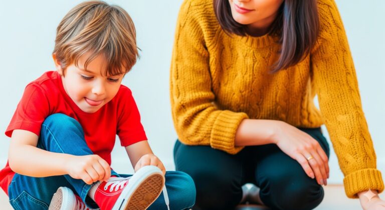 Madre observando a su hijo mientras aprende a atarse los zapatos solo. Concepto de aprendizaje autónomo y valor del error.